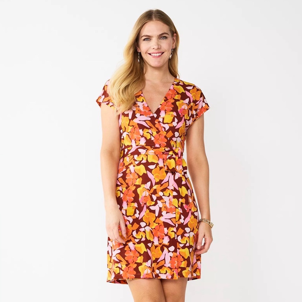 Nine West Wrap Dress Waist Tie Short Sleeves V-Neck Orange Party Cocktail Large